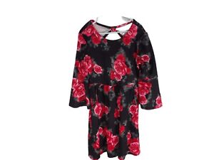 Justice Girls Black Red Floral 3/4 Bell Sleeve Bow Fit And Flare Dress Size 6/7