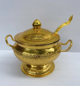 Vintage Style Thai Serving Bowl Rice Soup Gold Aluminium Size 20 cm & Ladle Gift - Picture 1 of 42