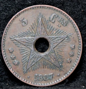 Congo Free State, 1887 5 Centimes, KM2, Very Fine+, some soil, 3-17 - Picture 1 of 2