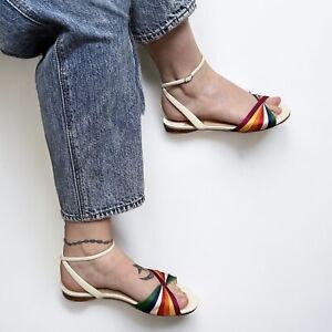 Christian Louboutin Women's Sz 36 US 6 Naseeba White Rainbow Flat Ankle Sandals
