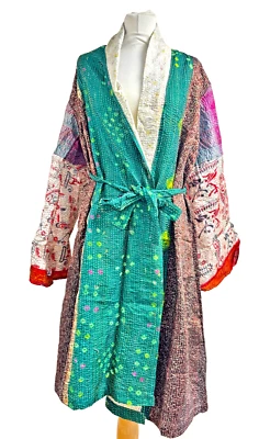 Indian Vintage Sari Patchwork Kantha Robe Long Kimono Dressing Gown Beach Cover - Image 1 of 4