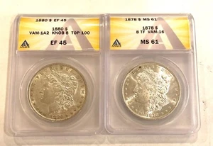 TWO---- ANACS GRADED U.S. MORGAN SILVER DOLLARS- 1880- EF 45, 1878- 8 TF MS 61 - Picture 1 of 6
