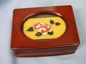 Small Wood Jewelry Box Floral Glass Top 2 Compartments Ring Slots Velvet Lined - Picture 1 of 4