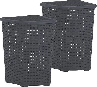 Plastic Wicker Corner Laundry Hamper with Lid - Onyx Grey, 2 Pack (50 Liter) - Image 1 of 4