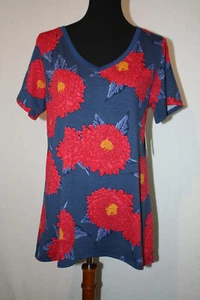 Neu mit Etikett LuLaRoe Gr. L Oberteil Christy V-Ausschnitt T-Shirt dunkelblau mit roten Blumen Kurzarm - Bild 1 von 6