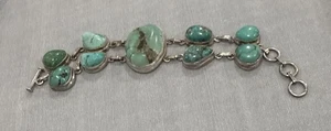 Vintage 925 Sterling Silver 9 Stone Turquoise Cabochon Toggle Bracelet 8” - Foto 1 di 21