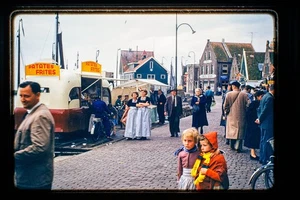 Vintage 35mm Color Slide Dutch Harbor Street Scene with Patates Frites Cart - Picture 1 of 1