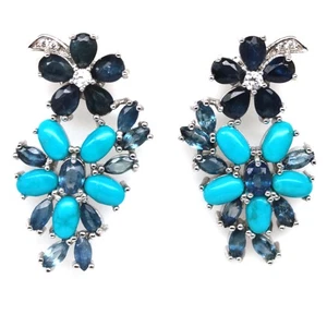 Thai Handgefertigt 3 x 5 Mm. Blau Türkis, Saphir & Zirkonia Ohrringe - Bild 1 von 4
