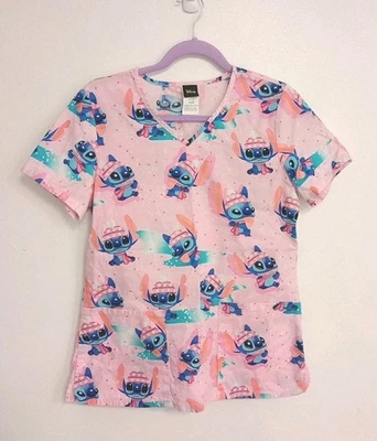 Blusa Médica Disney Para Mujer Talla S Pequeña Lilo & Stitch Rosa Elastizada Manga Corta Camisa Foto 1 de 4