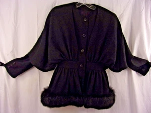 Vintage 50er schwarz Wolle Opossum Fellbesatz elegant Cocktail Abend Jacke 8 - Bild 1 von 7
