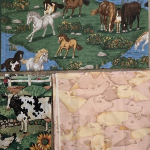 100% Cotton Fabric Quilting Cotton Remnants horses pigs cows farm VTG Deadstock - Picture 1 of 12