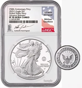 2025-S ASE 250th ANNIVERSARY OF THE NAVY PRIVY PF70 ADVANCE RELEASES GAUDIOSO - Picture 1 of 1