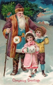 Weihnachtsgrüße Weihnachtsmann mit Kindern im Schnee Vintage Weihnachtsmann Postkarte - Bild 1 von 2