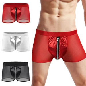 Men's Sexy Leather Zipper Pouch Low Rise Shorts Underwear Boxer Briefs Panties * - Picture 1 of 27
