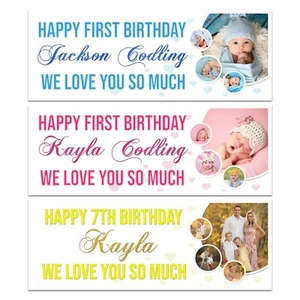 PERSONALISED 1ST BIRTHDAY BANNER PHOTO NAME WALL DECORATIONS BABY BOYS GIRLS - Picture 1 of 4
