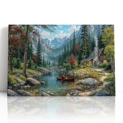 Impresión en lienzo de cabaña de montaña arte de pared - impresión de arte de paisaje de valle del río tranquilo Foto 1 de 4