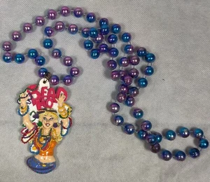 Mardi Gras Necklace, Purple / Blue With "Bead Ho" 3.5 X 2 Inch Wooden Pendant. - Picture 1 of 2