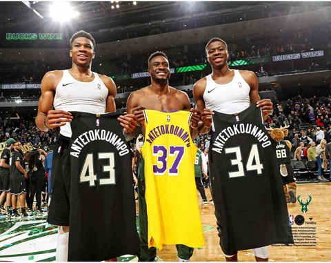 Thanasis, Giannis & Kostas Antetokounmpo Unsigned 11x14 Jersey Swap Photograph Cover