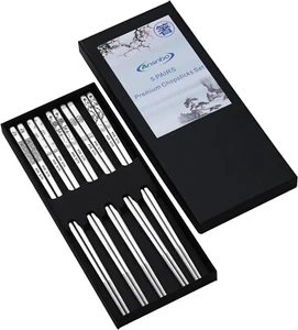 Ansnbo Stainless Chopsticks Reusable, 5 Pairs Premium Metal Chopsticks - Picture 1 of 7