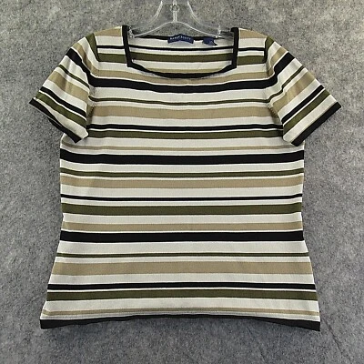 Top informal Karen Scott para mujer mediano beige a rayas manga corta tejido mezcla rayón Foto 1 de 4