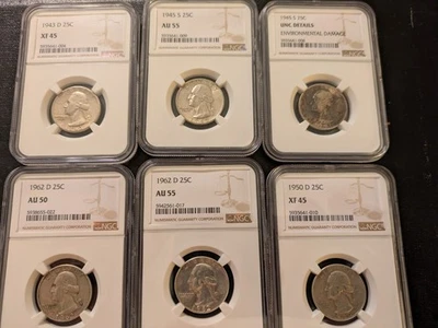 Lot of 6: 90% Silver NGC-CERTIFIED Washington Quarters (1943-1962) AU50/XF45 - Image 1 of 2