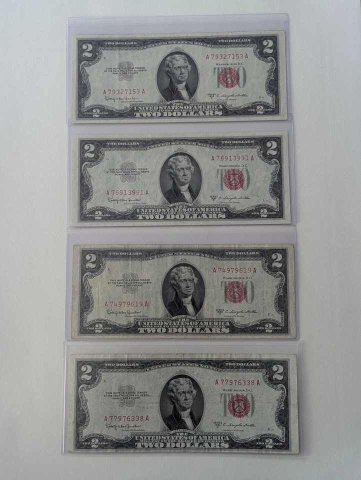US Two, 1953C $2 Bills Lightly Circulated, Two 1953C Unc $2 Bill, Red Seal - Image 1 of 2