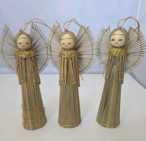 Juego de 3 adornos navideños vintage de ángel de paja de 7 pulgadas - Imagen 1 de 7