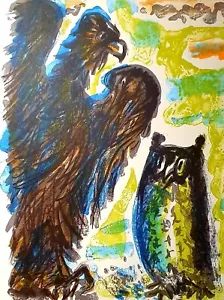 *MARC SAINT SEANS *LITHO*ORIGINALE*SIGNÉE*1966*AIGLE*HIBOU*LA FONTAINE*MUSEE* - Imagen 1 de 8
