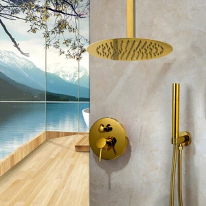 Gold 8" Ceiling Mount Round Thin Shower Head 2-Way Mixer Valve Hand Spray Faucet - Picture 1 of 10