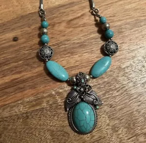 Silver Tone Chunky Faux Turquoise Statement Necklace - Picture 1 of 3