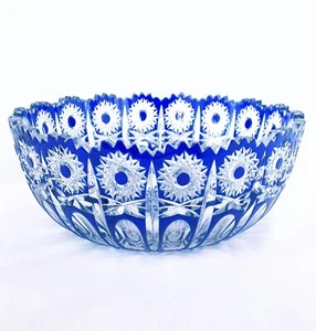 Exquisite Val Saint-Lambert Cut Crystal Blue to Clear bowl early 1900', 9 inches - Picture 1 of 11