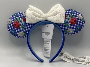 Disney Parks 2022 Orejas de Minnie Mouse Guinga Azul con Arco Cottage Diadema Nueva - Imagen 1 de 3