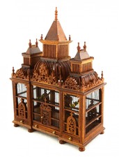 Dolls House Ornate 3 Turret Walnut Wood Victorian Bird Cage with Birds Miniature