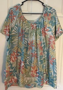 Cathy Daniels Multicolor Pastel Leaf Pattern Short Sleeve Top Womens 3x Stretch - Picture 1 of 11