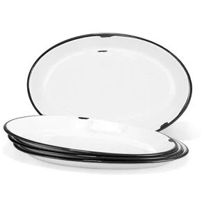 Set of 4 Enamelware Distressed White Metal Classic 13” Serving Oval Tray Platter - Picture 1 of 7