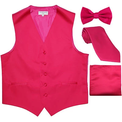 New Men's solid Tuxedo Vest Waistcoat & necktie & Bow tie_Hankie Hot pink formal - Image 1 of 4