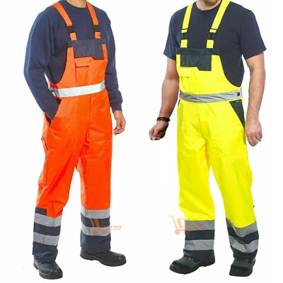 Hi Viz Contrast Waterproof Overall Bib & Brace Dungarees Viz Safety Workwear - Image 1 of 4