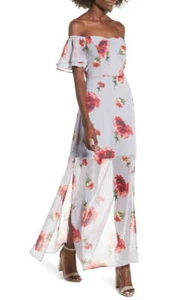 ROW A Women Lady Off the Shoulder Maxi Grey Dress Party Red Floral Size XL $ 55 - Picture 1 of 6