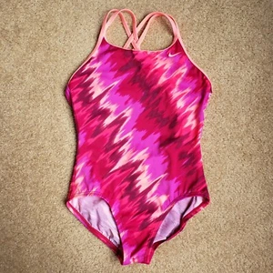 Nike Pink and Purple Criss Cross Strap Girls One-Piece Swimsuit Size 12 - Picture 1 of 3