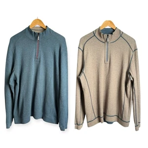 Tommy Bahama Flip Side Twill Reversible Half‑Zip Sweater Men’s Large Blue Tan - Picture 1 of 10