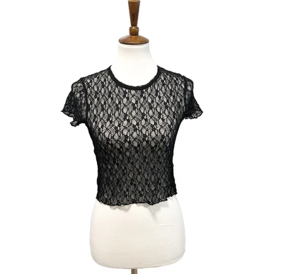 Camiseta Recortada Y2K Para Mujer M Negra Encaje Malla Cachicho Fairygrunge Gótico Halloween Foto 1 de 4