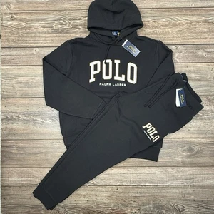 SET Polo Ralph Lauren Logo Fleece Hoodie & Jogger Black Brown Size Large NWT - Picture 1 of 12