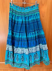 Capture Tiered Boho Hippy Skirt Size 12 Teal Green Blue 100% Cotton - Picture 1 of 8