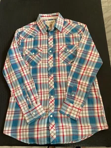 Coastal Shirt Mens Medium Blue Red Plaid Western Pearl Snap Long Sleeve Cowboy - Picture 1 of 9