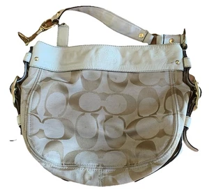 COACH SIGNATURE ZOE HOBO IVORY LARGE LEATHER CANVAS SIGNATURE SHOULDER BAG PURSE - Picture 1 of 8