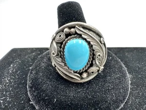 NAVAJO STERLING SILVER E. BAHE TURQUOISE STONE RING FITS SZ 14.75 - Picture 1 of 11