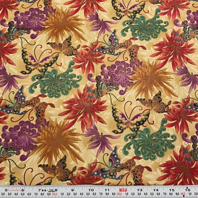 Mariposas metálicas y flores acolchado en blanco 2008 algodón tostado remanente de media yarda Foto 1 de 2