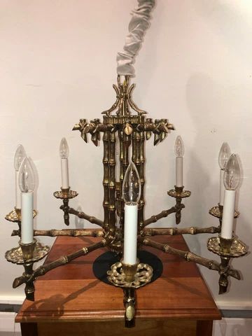 VINTAGE MCM BRASS BAMBOO CHANDELIER - COMPLETE RESTORATION Cover