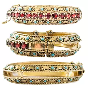 Retro Garnet Turquoise 14k Yellow Gold Bangle Cuff Bracelet 6.75" 33 Grams - Picture 1 of 23