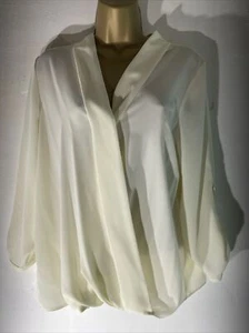 women M&Co Uk 12 Ivory Sheer 3/4 Tab Sleeve Faux Wrap Casual Shirt V Neck blouse - Picture 1 of 7